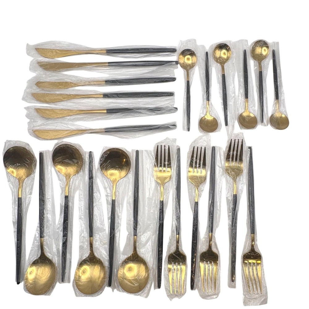 24pc Stainless Steel Flatware Set Matte Gold Black Handles Silverware Service‎ 6